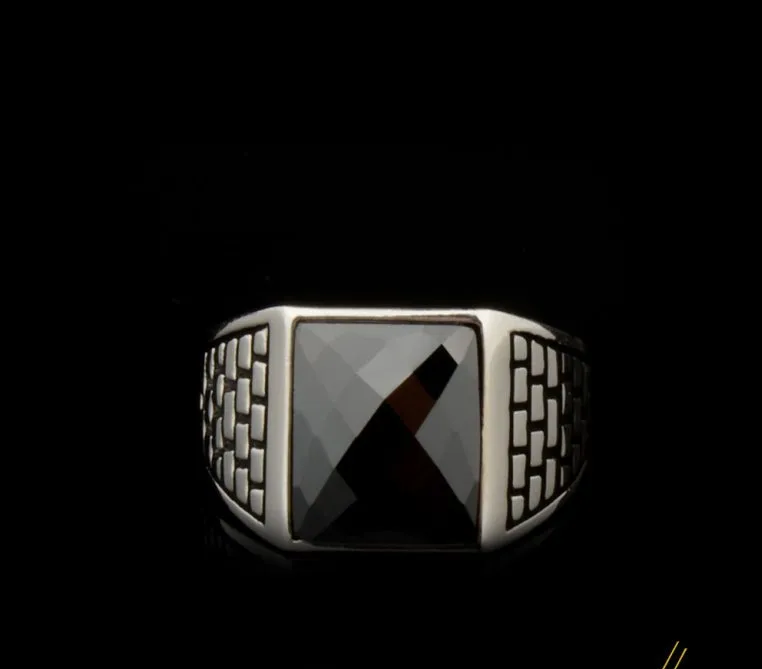 Square Faceted Cut Black Zircon Classic Silver Men Ring Secondary image