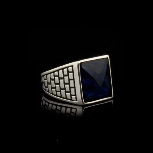 Square Faced Cut Blue Zircon Classic Silver Men Ring Main image