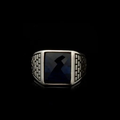 Square Faced Cut Blue Zircon Classic Silver Men Ring Secondary image