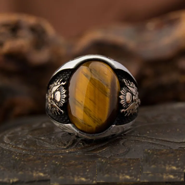 Classy Gentle Tiger Eye Men Ring With Coat of Arms Main image