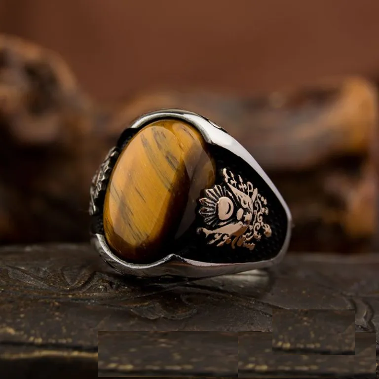 Classy Gentle Tiger Eye Men Ring With Coat of Arms Secondary image
