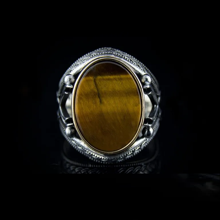 Tiger Eye Silver Ring with Double Swords Figure Secondary image