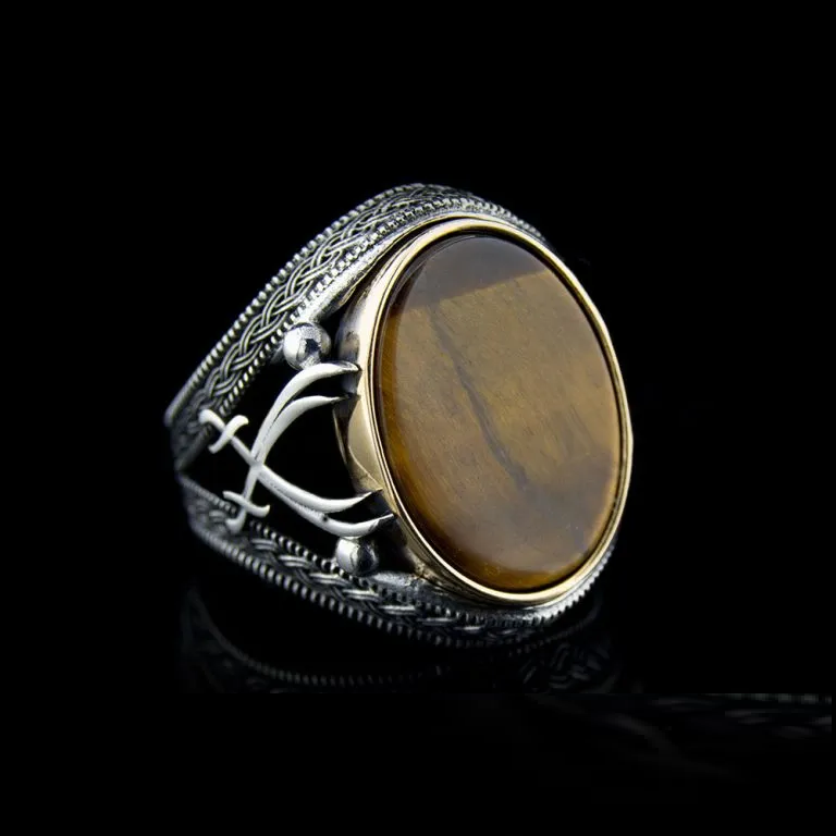 Tiger Eye Silver Ring with Double Swords Figure Main image