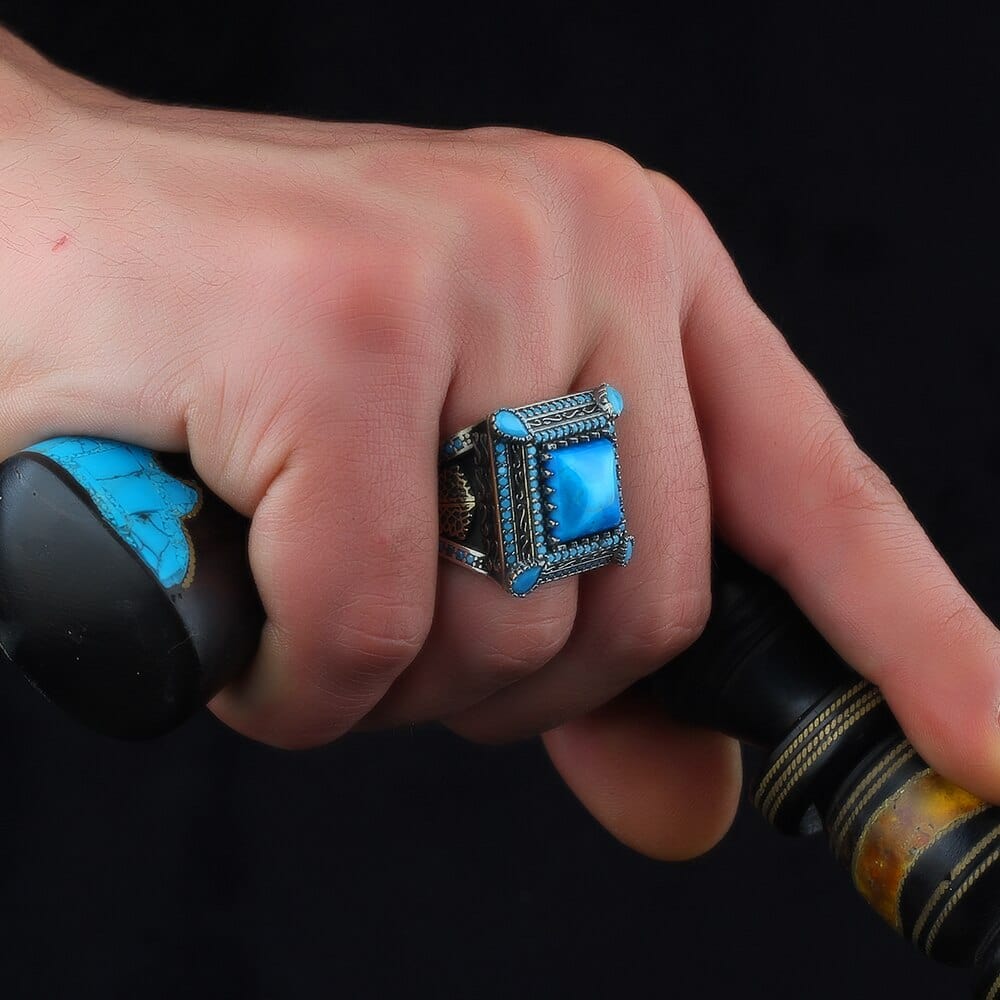 New Handmade Engraved Sterling Silver Turquoise Stone Aqeeq Rings NS3 IS1 IS2 Main image