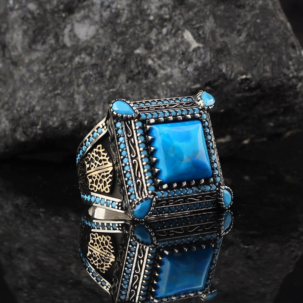 New Handmade Engraved Sterling Silver Turquoise Stone Aqeeq Rings NS3 IS1 IS2 Secondary image