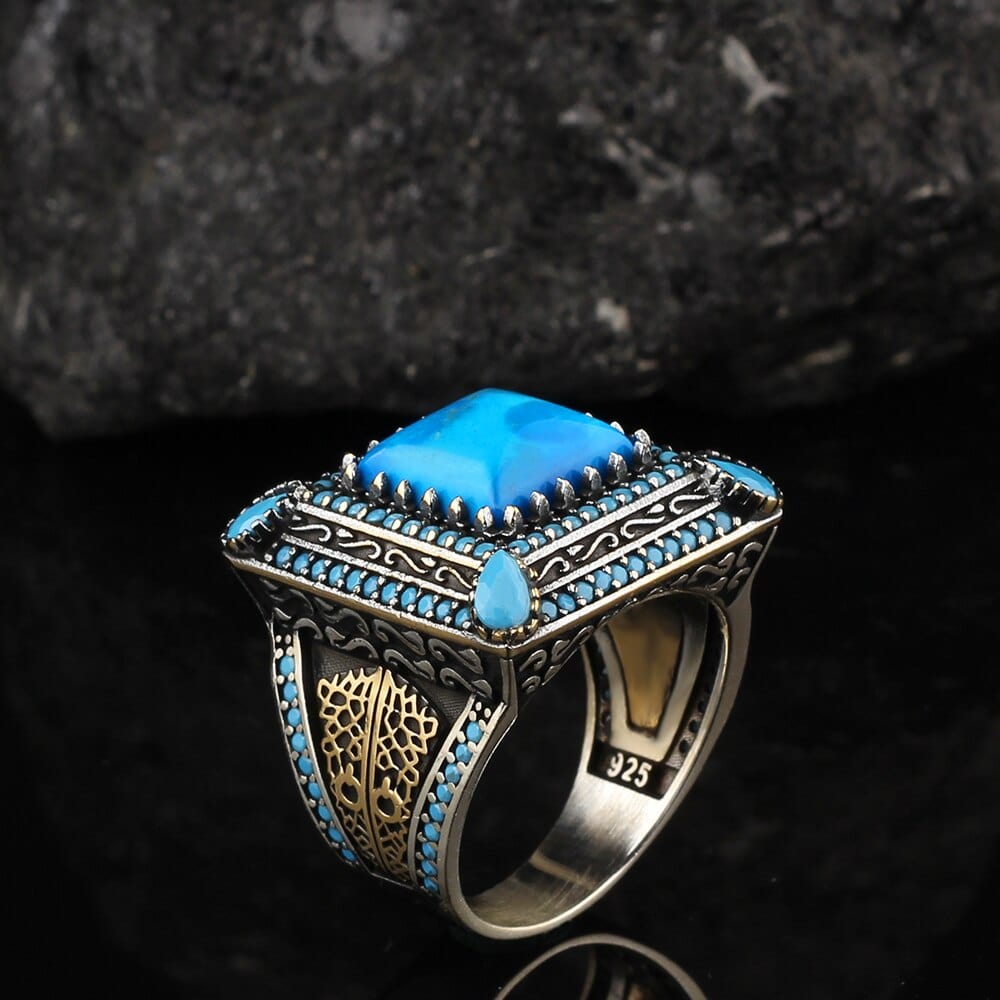 New Handmade Engraved Sterling Silver Turquoise Stone Aqeeq Rings NS3 IS1 IS2