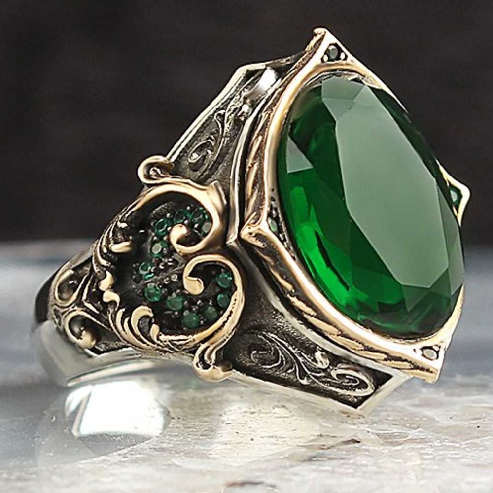 Authentic Emerald Handmade Silver Mens Ring Main image