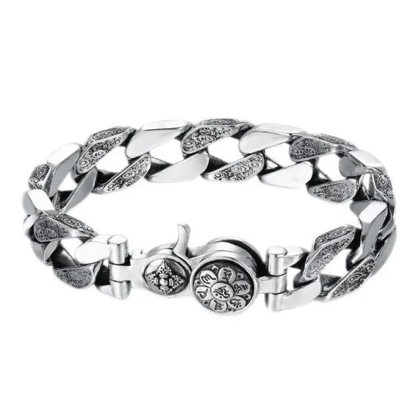 Sterling Silver Rotatable Buddhist Mantra Vajra Curb Chain Bracelet