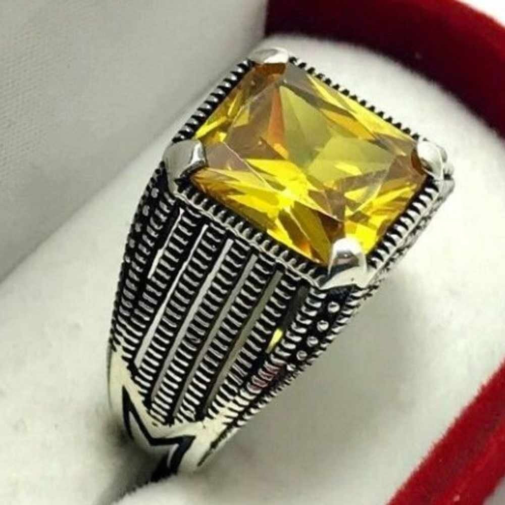 Bright Yellow Citrine Stone Silver Mens Ring Main image