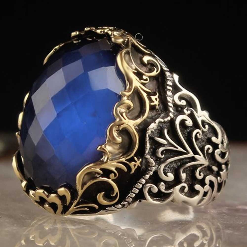 Brilliant Sapphire Stone Silver Excellent Cut Mens Ring Main image