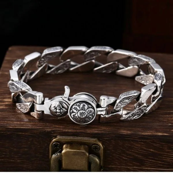 Sterling Silver Rotatable Buddhist Mantra Vajra Curb Chain Bracelet