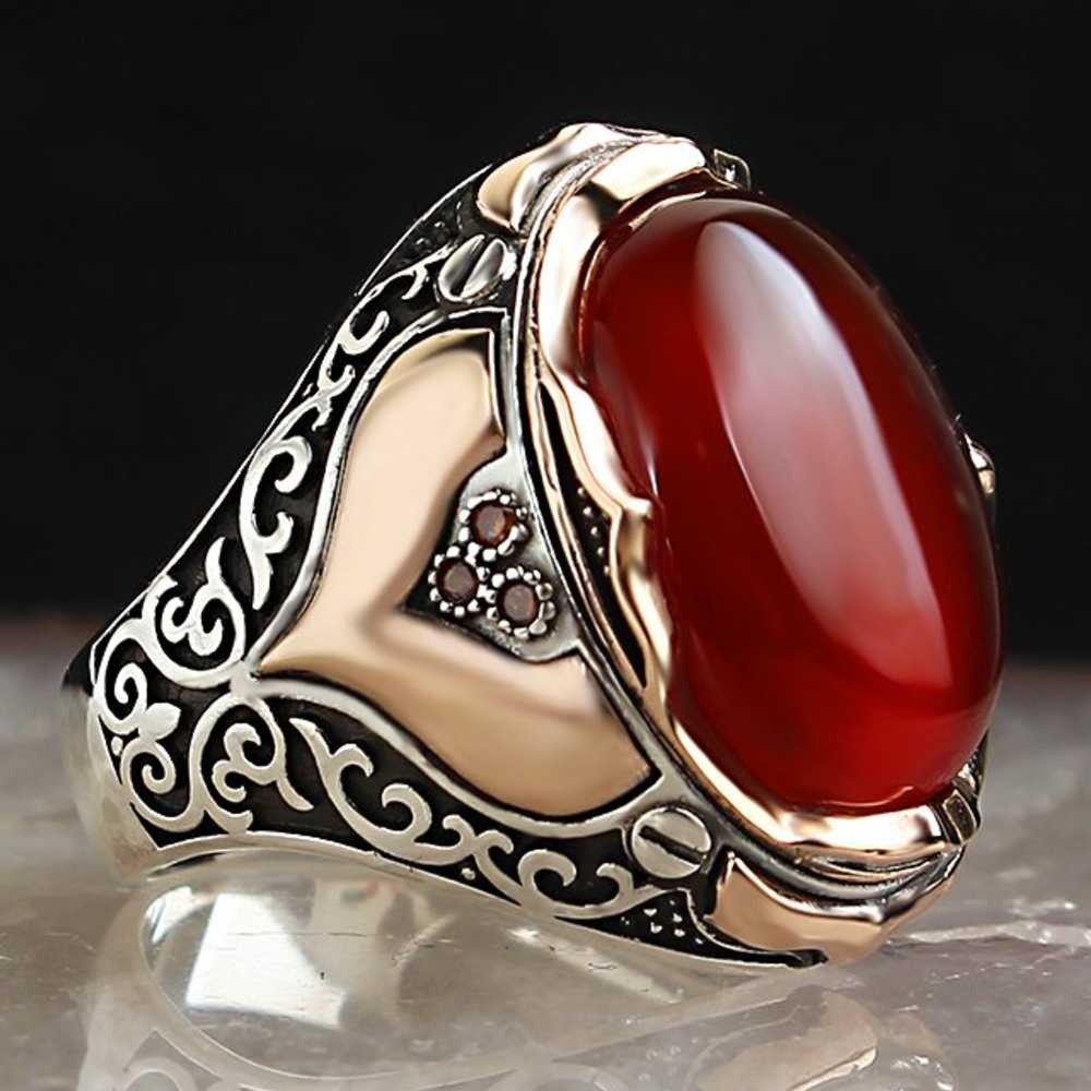 Carnelian Agate Aqeeq Silver Elegant Mens Ring Main image