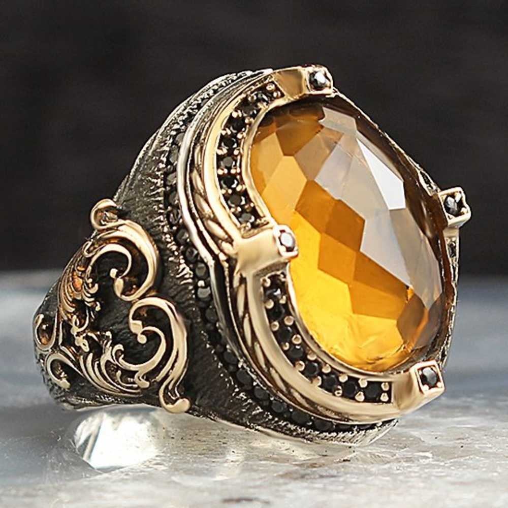 Crystal Citrine Stone Silver Mens Ring Main image