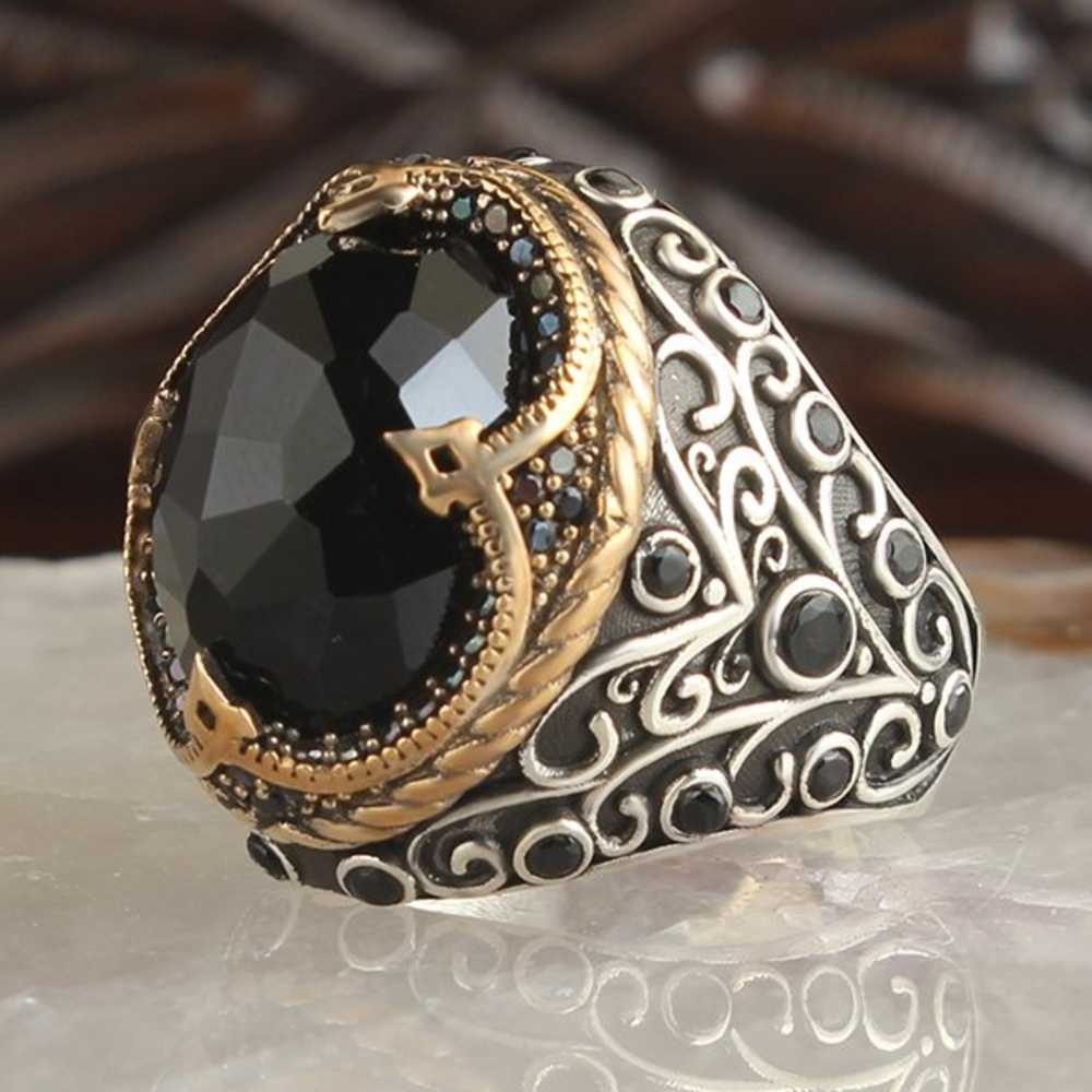 Crystal Cut Black Onyx Stone Silver Mens Ring Main image