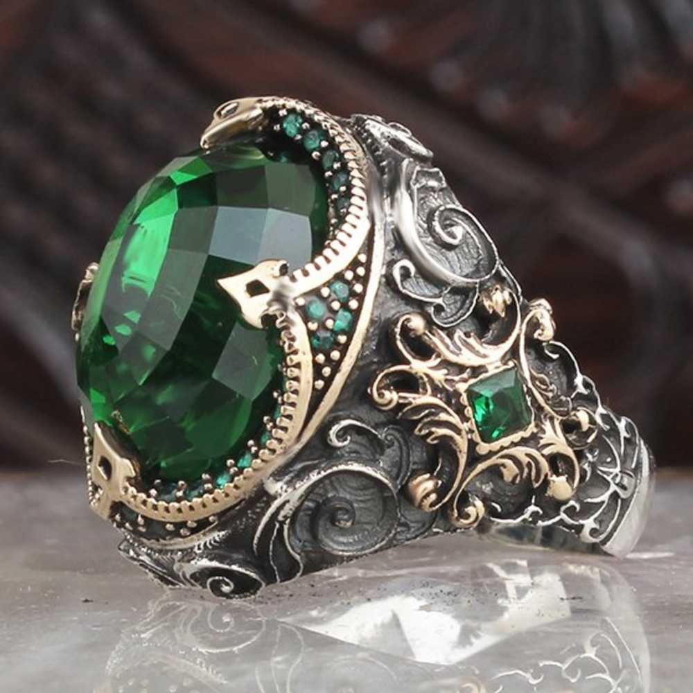 Custom Emerald Stone Silver Mens Ring Main image
