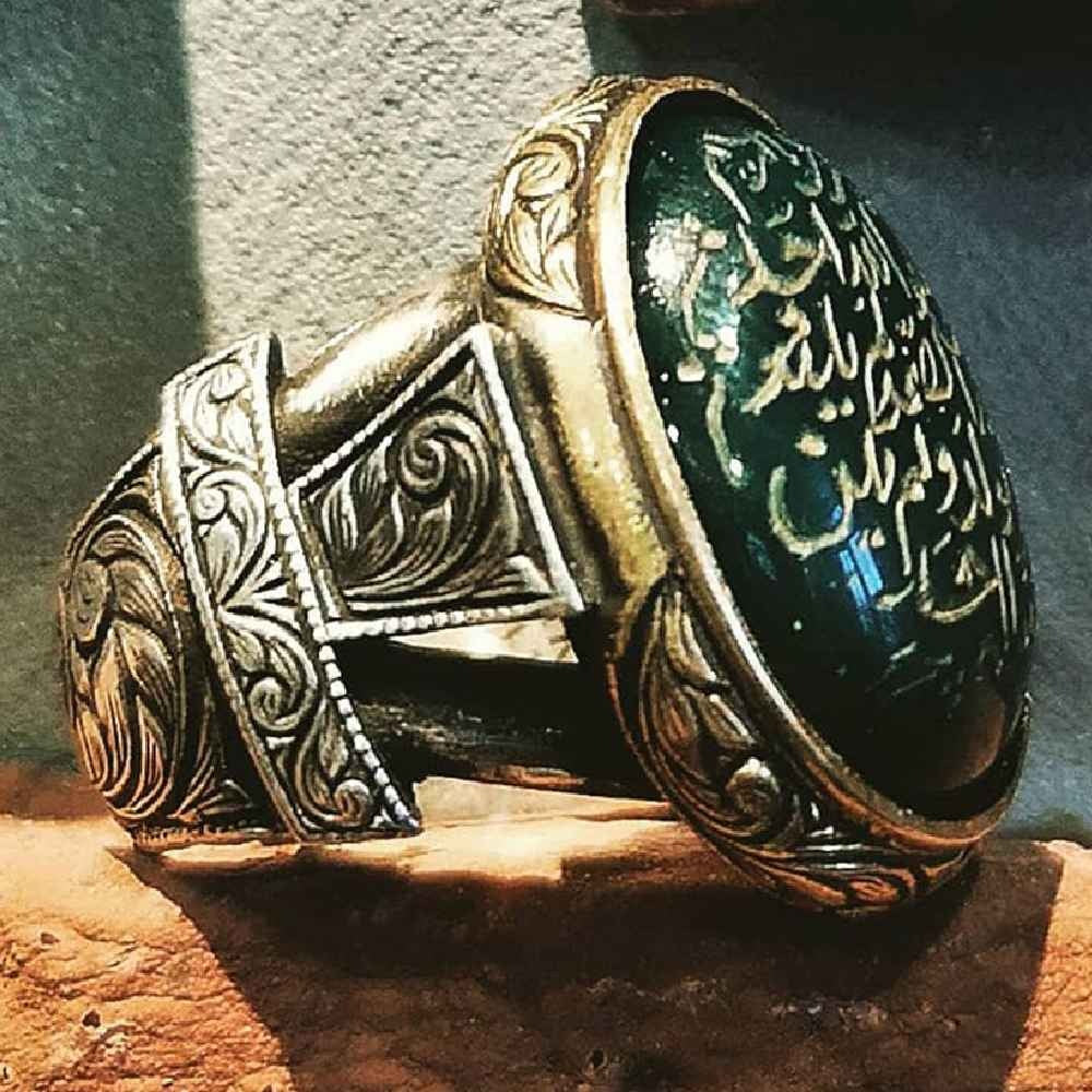 Customizable Hand Engraved Natural Aqeeq Silver Mens Ring Main image