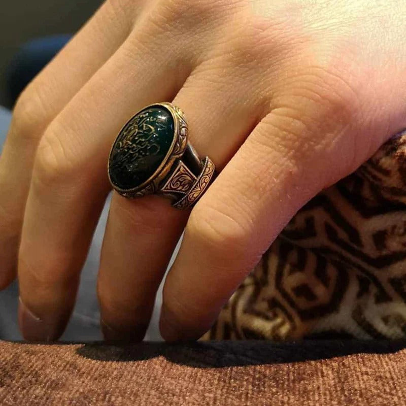 Customizable Hand Engraved Natural Aqeeq Silver Mens Ring Secondary image