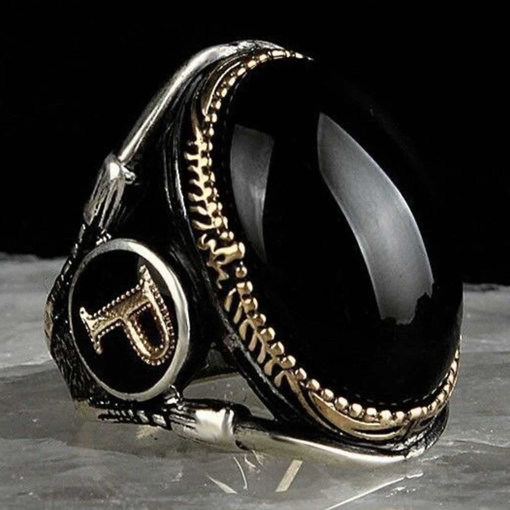 Customizable Letter Silver Onyx Stone Mens Ring Main image