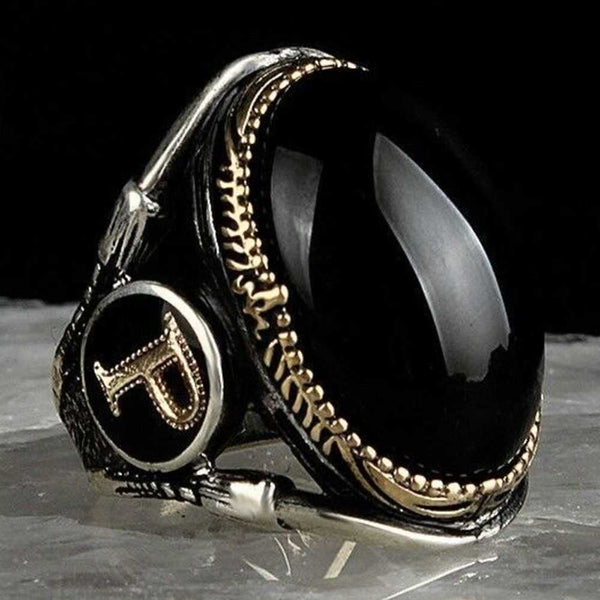 Customizable Letter Silver Onyx Stone Mens Ring