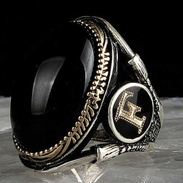 Customizable Letter Silver Onyx Stone Mens Ring Secondary image