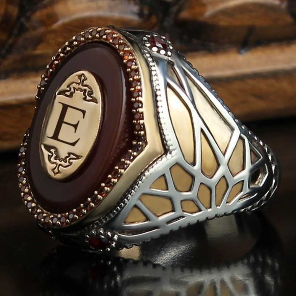 Customizable One Letter Silver Agate Personal Mens Ring Main image