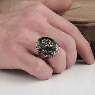 Customizable Special Silver Emerald Stone Heavy Mens Ring Secondary image