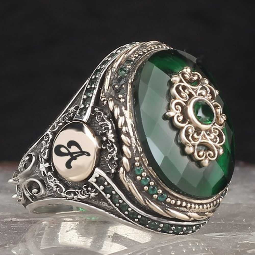 Customizable Special Silver Emerald Stone Heavy Mens Ring Main image