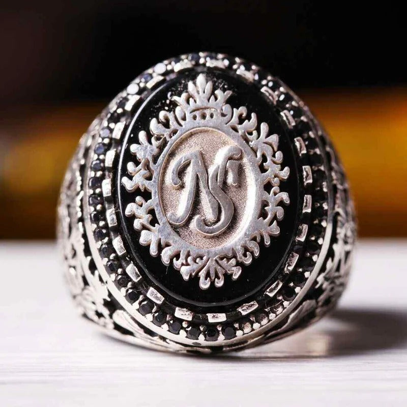Customizable Special Logo Onyx Stone Silver Mens Ring Secondary image