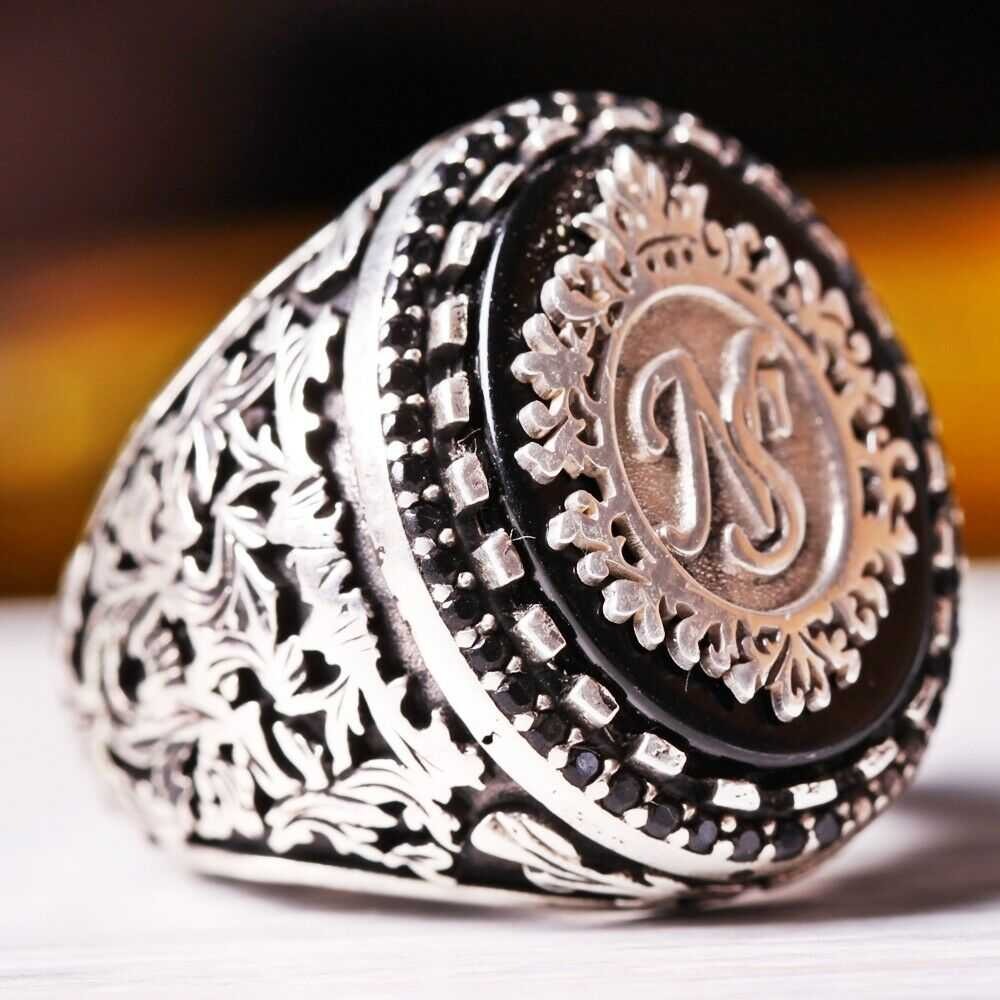 Customizable Special Logo Onyx Stone Silver Mens Ring Main image