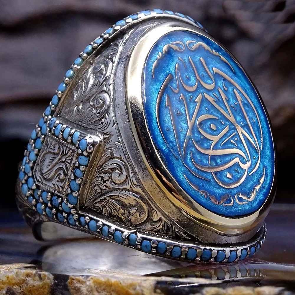 Customizable Turquoise Stone Silver Mens Ring Main image