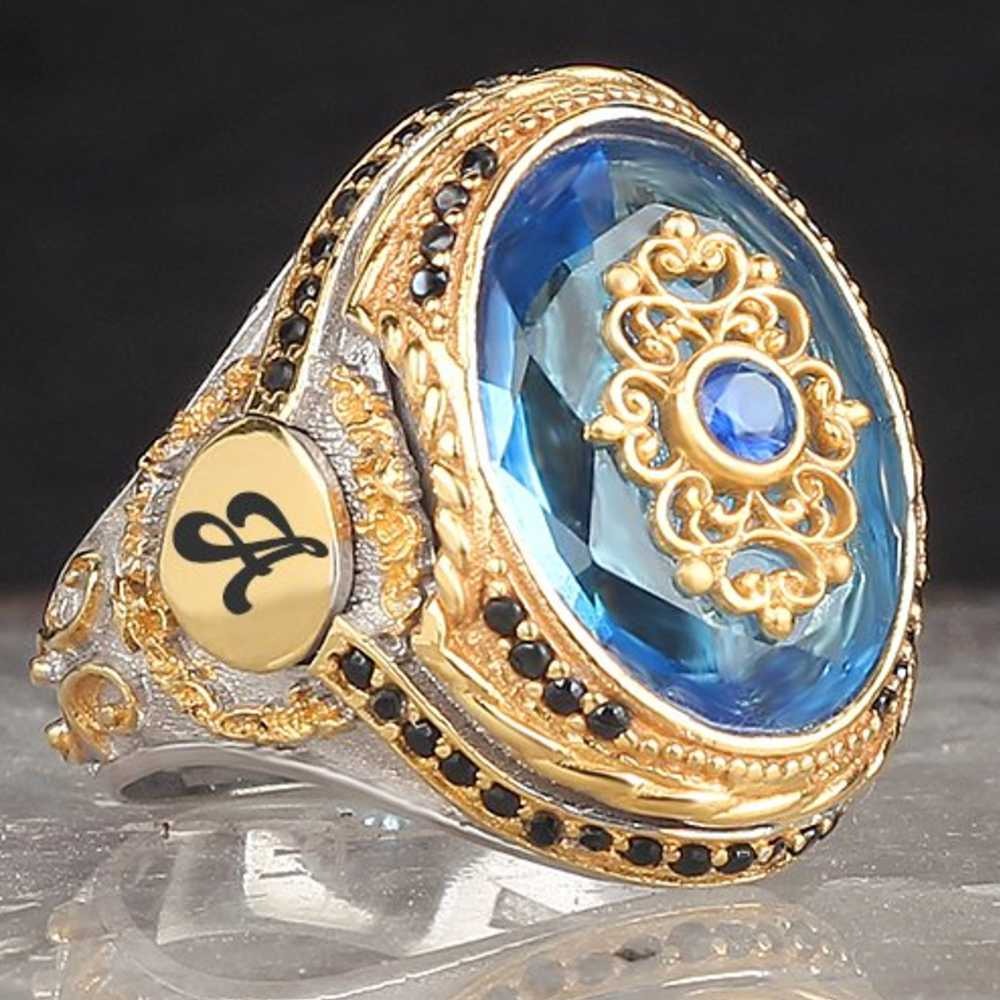 Customizable Two Letter Multi Stones Silver Mens Ring Main image
