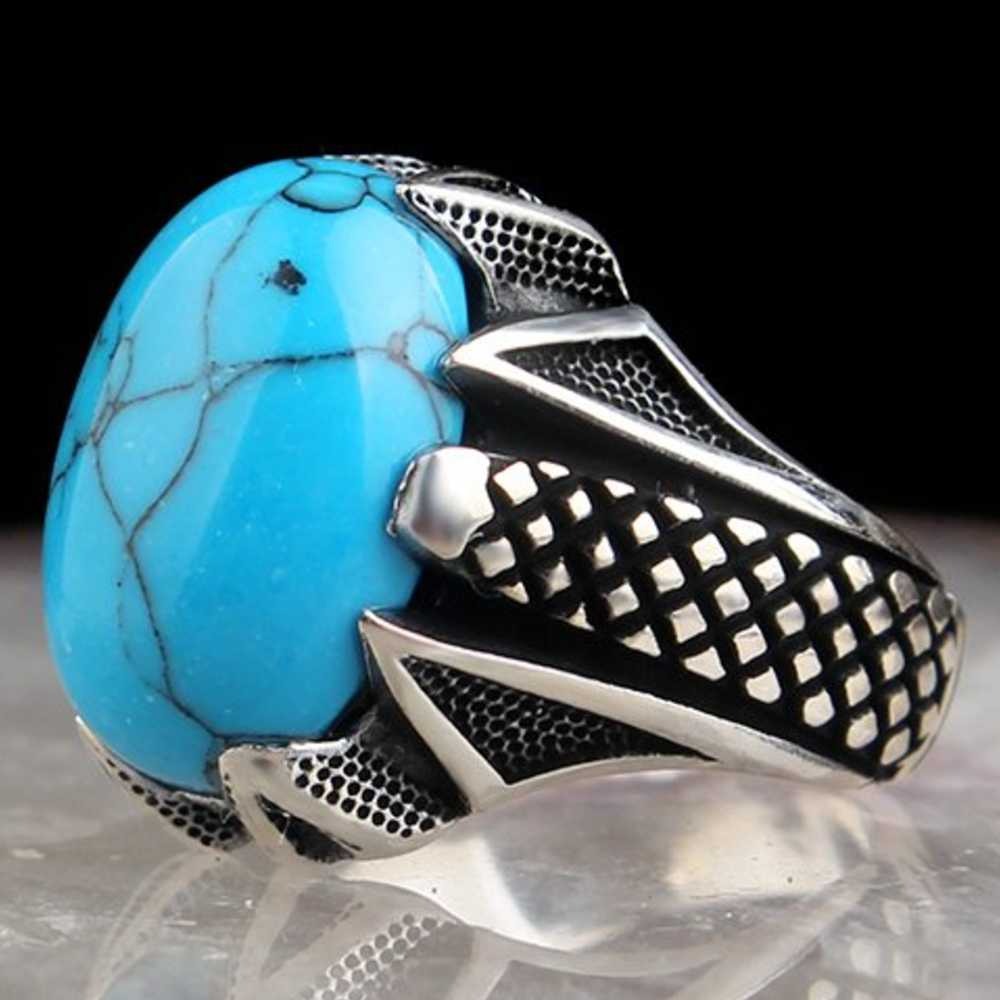 Elegant Blue Turquoise Stone Silver Mens Ring Main image
