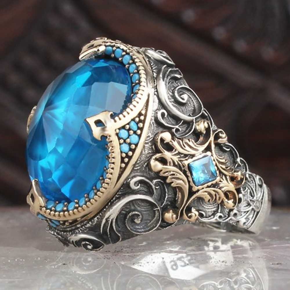 Elegant Dome Silver Aquamarine Stone Mens Ring Main image