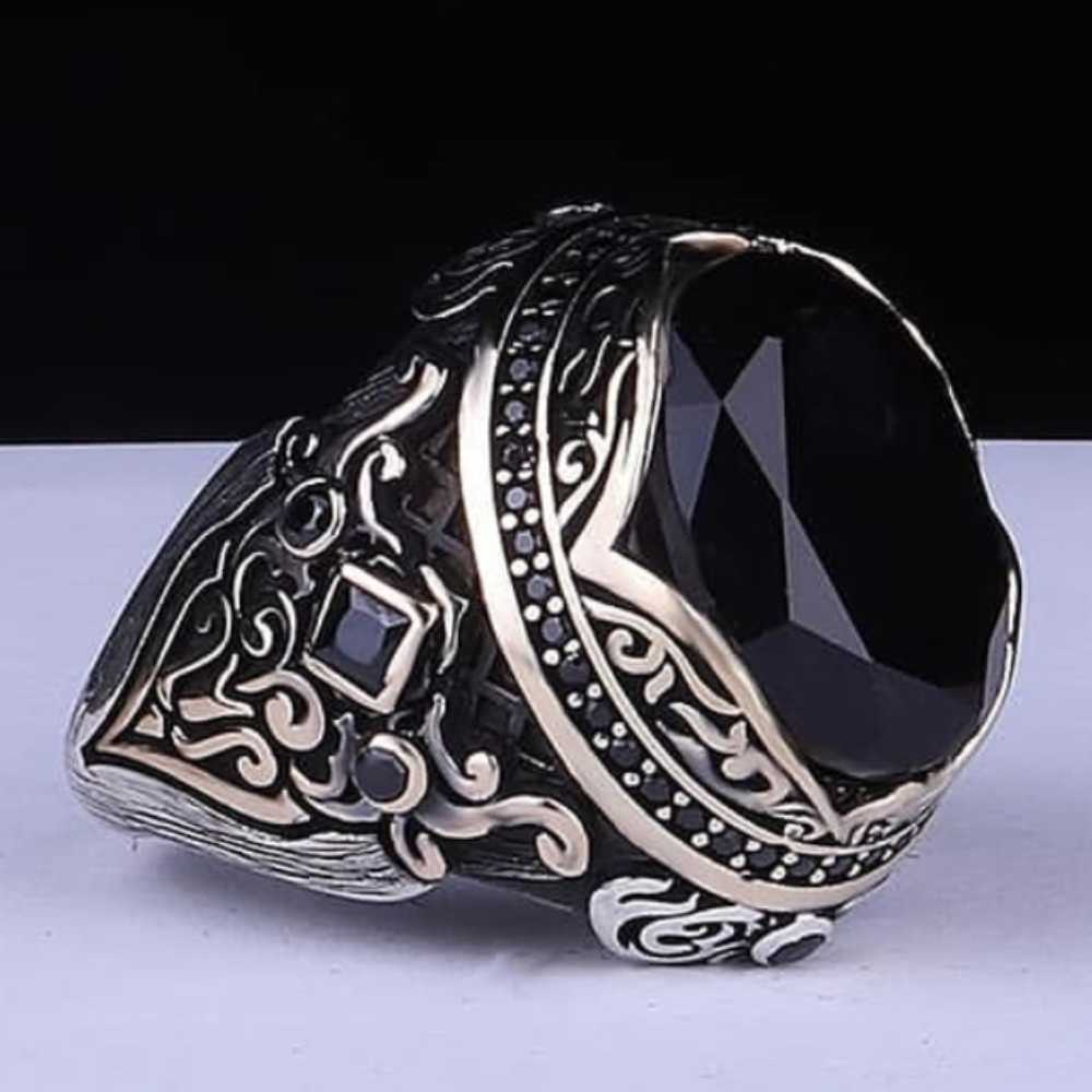 Elegant Natural Onyx Stone Silver Mens Ring Main image