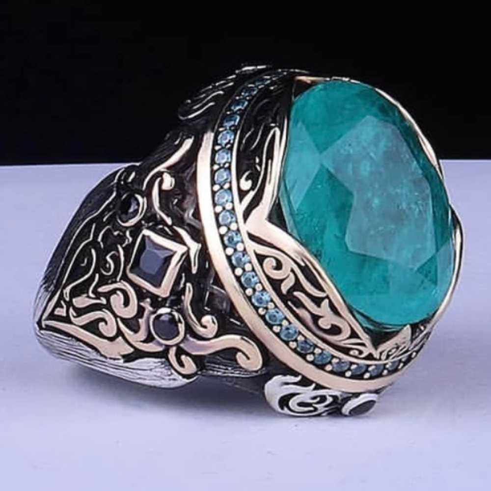 Elegant Natural Paraiba Tourmaline Stone Silver Mens Ring Main image