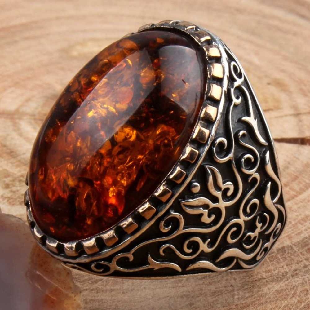 Elegant Orange Amber Stone Silver Mens Ring Main image