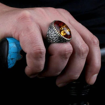 Elegant Orange Amber Stone Silver Mens Ring Secondary image