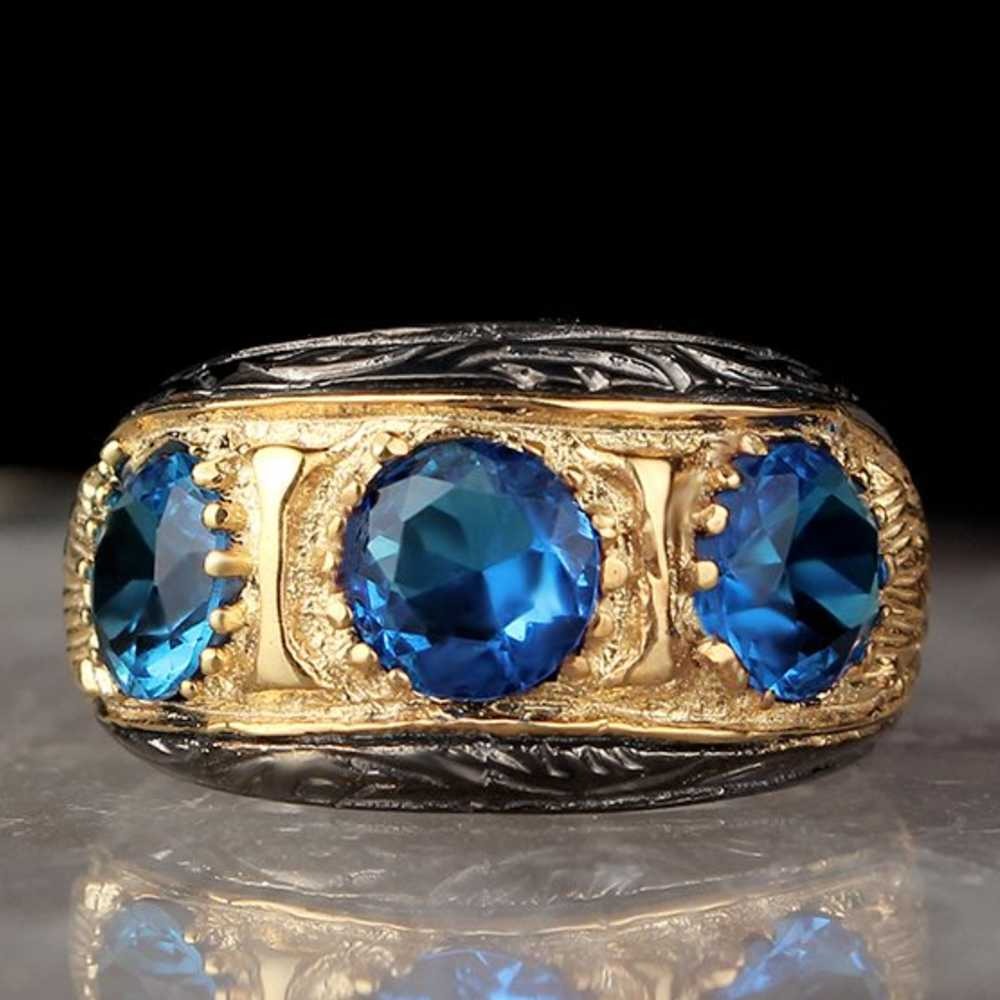 Elegant Three Aquamarine Stone Silver Handmade Mens Ring Main image