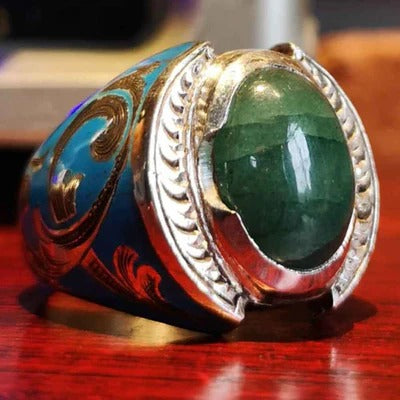 Engraving Relief Art Silver Emerald Stone Mens Ring Secondary image