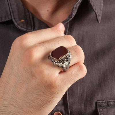 Exclusive Silver Eagle Style Agate Stone Mens Ring Secondary image