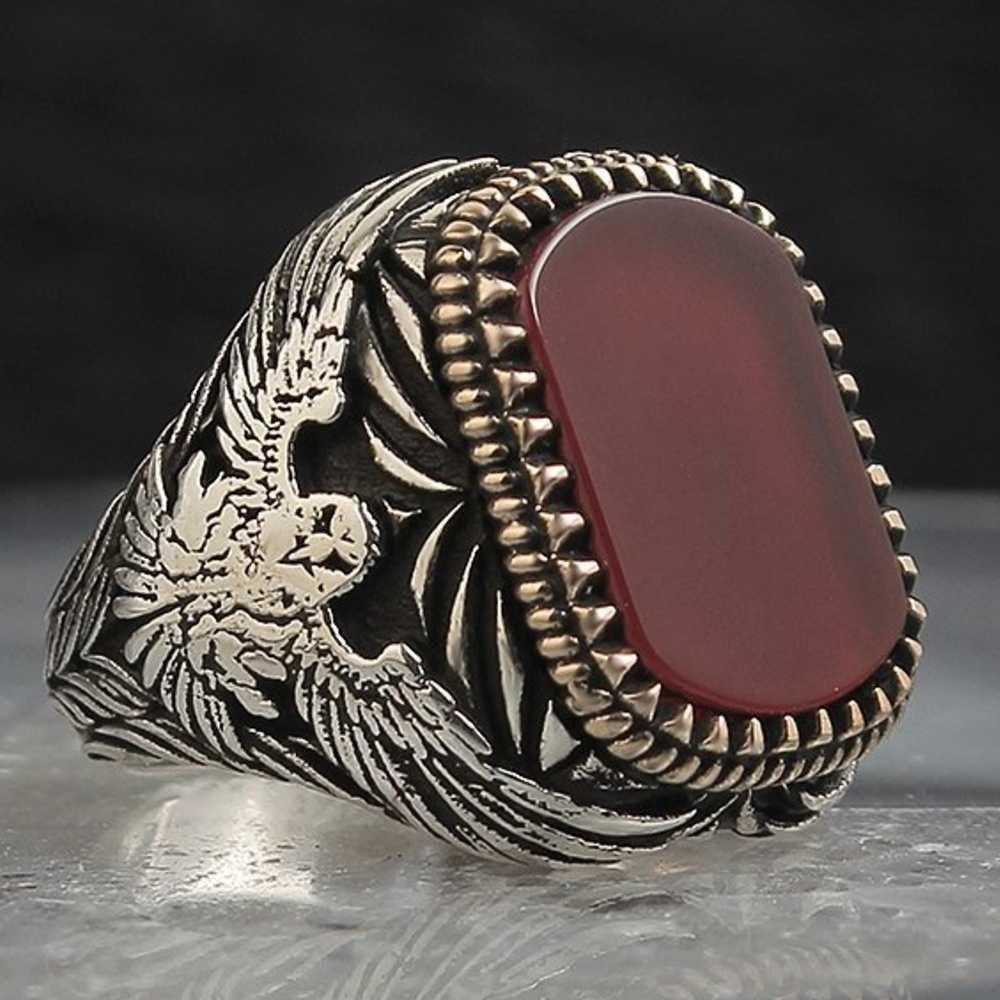 Exclusive Silver Eagle Style Agate Stone Mens Ring Main image