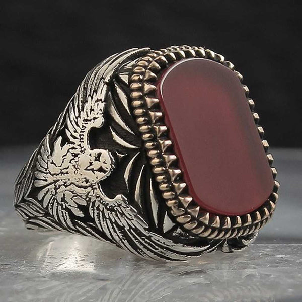 Exclusive Silver Eagle Style Agate Stone Mens Ring