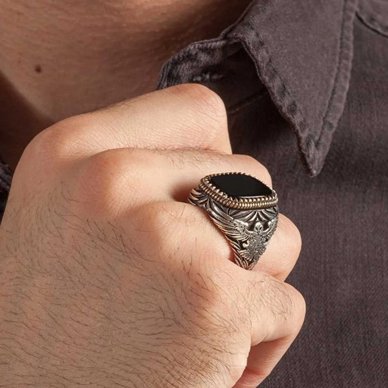 Exclusive Silver Eagle Style Onyx Stone Mens Ring – Secondary image
