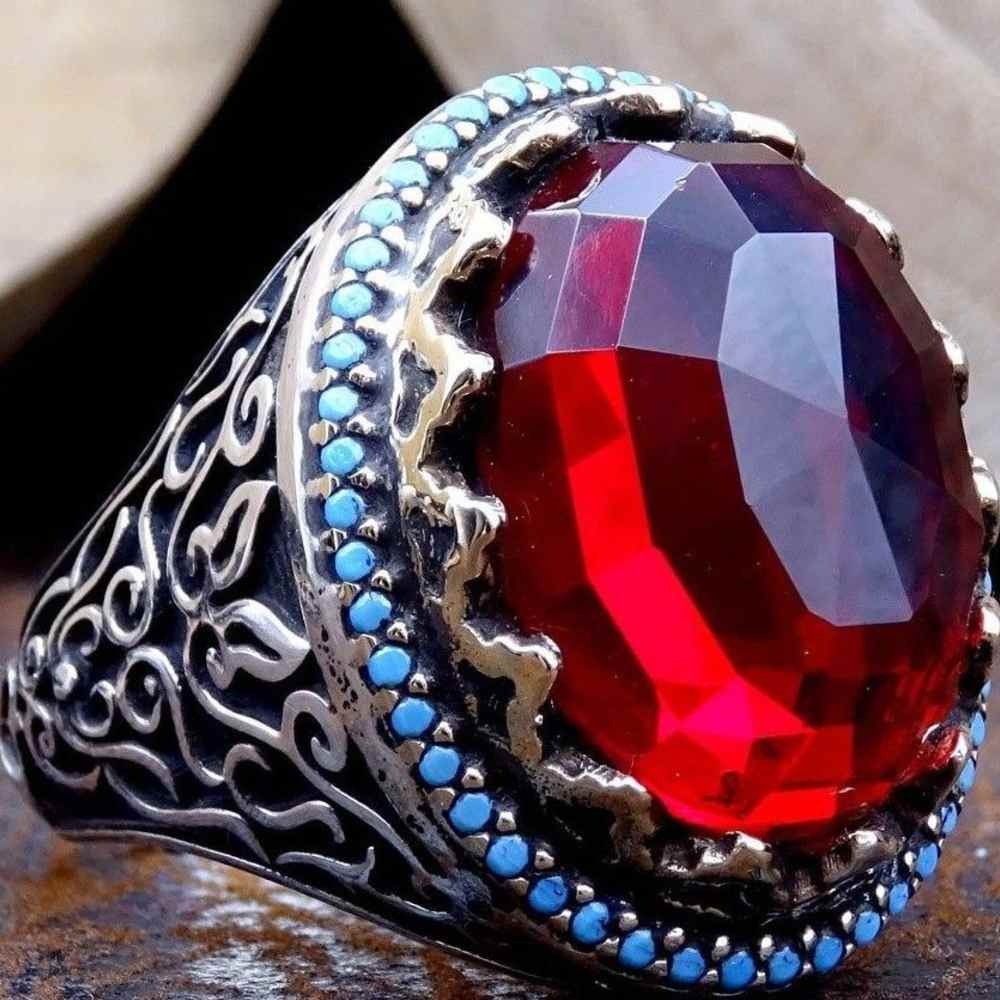 Facet Luxury Cut Silver Ruby Stone Excellent Mens Ring Main image