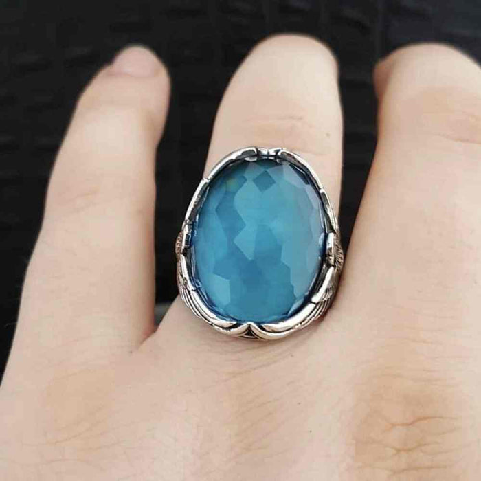 Faceted Aquamarine Luxury Cut Eagle Style Silver Mens Ring Secondary image