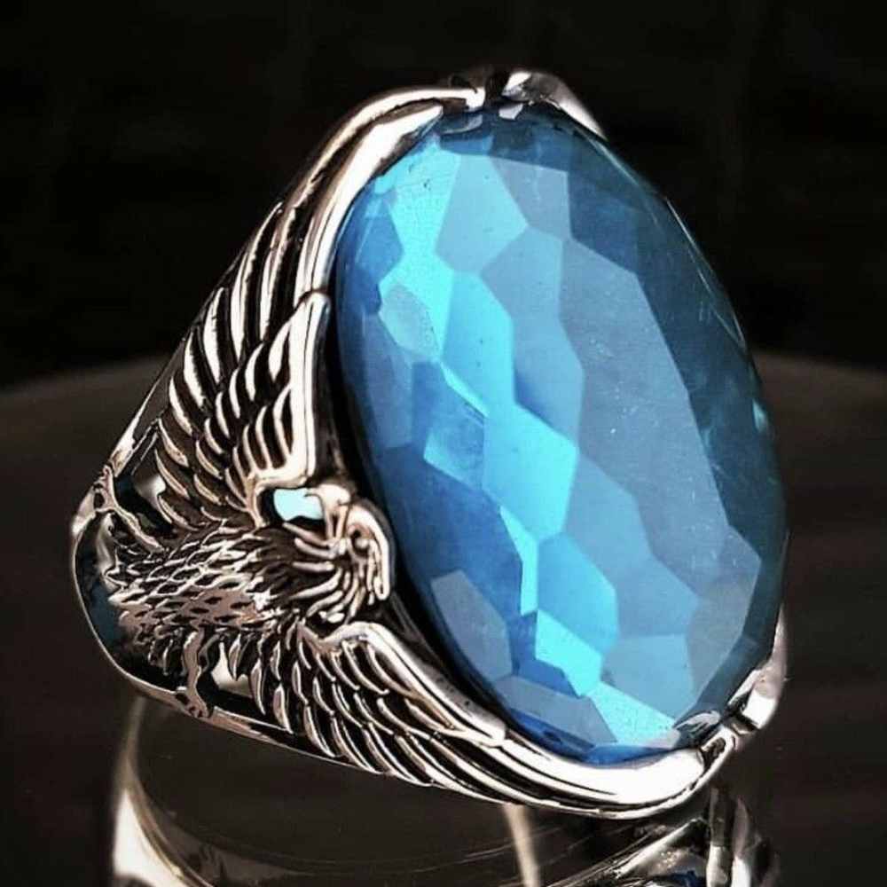 Faceted Aquamarine Luxury Cut Eagle Style Silver Mens Ring Main image
