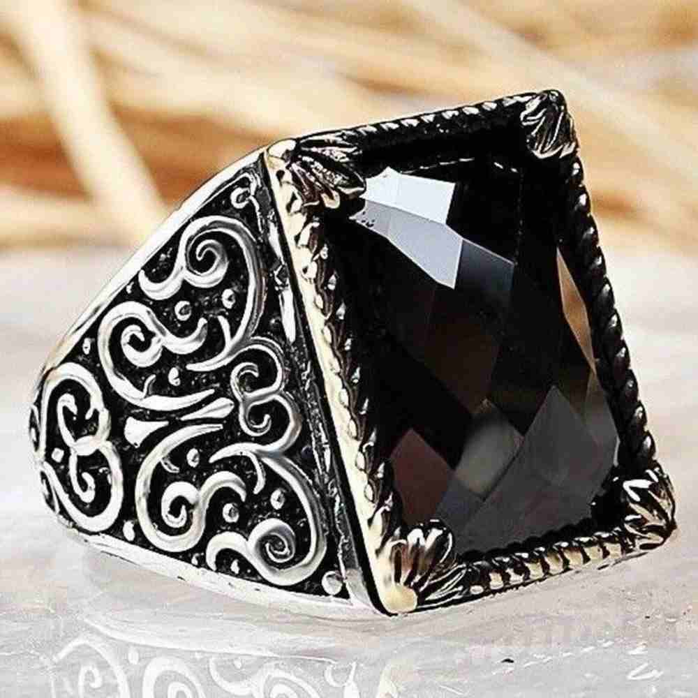 Faceted Onyx Stone Silver Mens Ring Main image