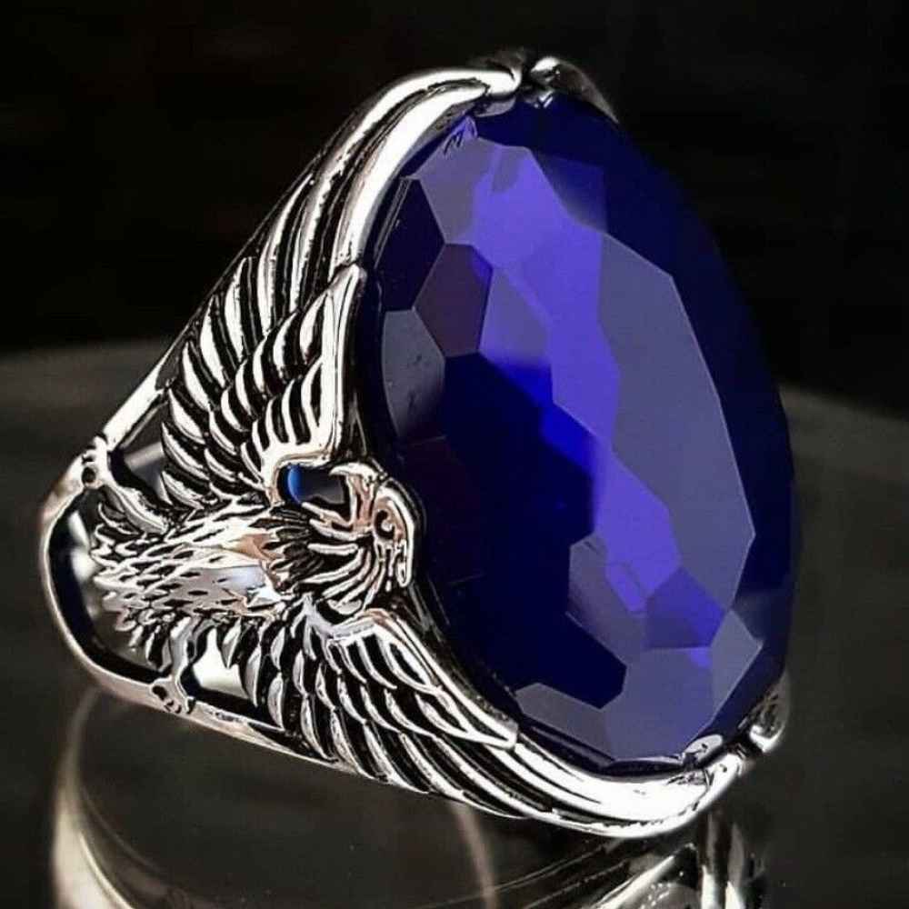 Faceted Sapphire Luxury Cut Eagle Design Silver Mens Ring Main image