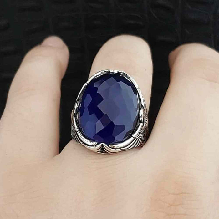 Faceted Sapphire Luxury Cut Eagle Design Silver Mens Ring Secondary image