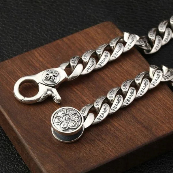 Sterling Silver Buddhist Mantra Vajra Pestle Curb Chain Bracelet